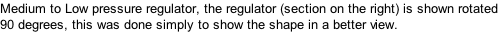 Medium to Low pressure regulator, the regulator (section on the right) is shown rotated  90 degrees, this was done simply to show the shape in a better view.