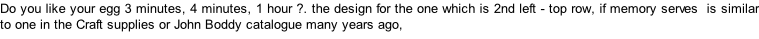 Do you like your egg 3 minutes, 4 minutes, 1 hour ?. the design for the one which is 2nd left - top row, if memory serves  is similar to one in the Craft supplies or John Boddy catalogue many years ago,